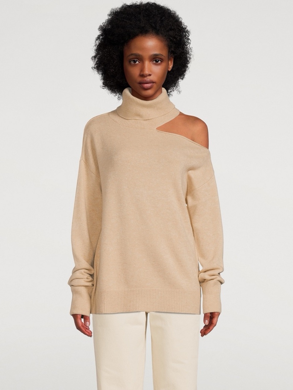 Paige Raundi Shoulder Cutout Camel Wool Blend Folded Cuff Turtleneck Sweater‎